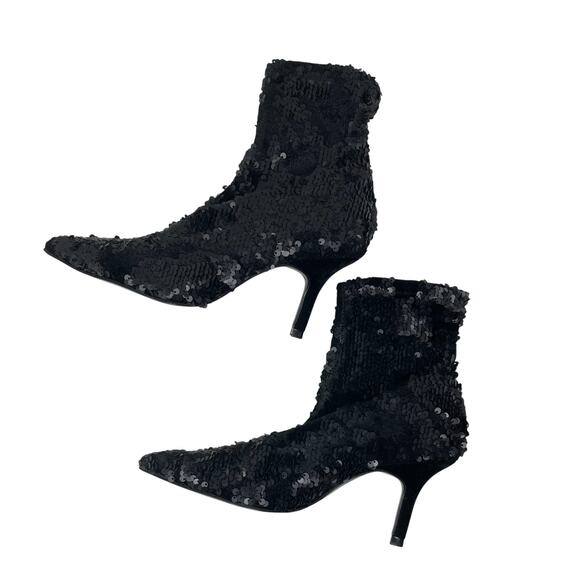 NWT Zara Sequin Velvet Fabric Ankle Boots - Black - Size 37 - Picture 5 of 9